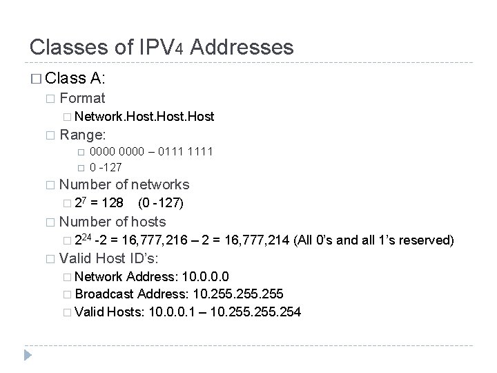 Classes of IPV 4 Addresses � Class � A: Format � Network. Host �