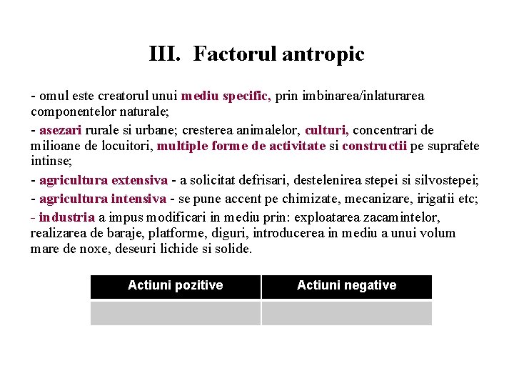 III. Factorul antropic - omul este creatorul unui mediu specific, prin imbinarea/inlaturarea componentelor naturale;