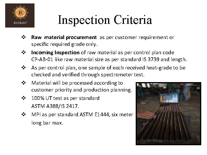 Inspection Criteria v Raw material procurement as per