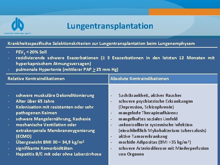 Lungentransplantation Krankheitsspezifische Selektionskriterien zur Lungentransplantation beim Lungenemphysem - FEV 1 < 20% Soll rezidivierende