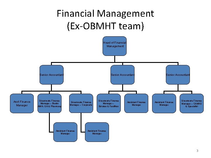 Financial Management (Ex-OBMHT team) Head of Financial Management Senior Accountant Asst Finance Manager Directorate