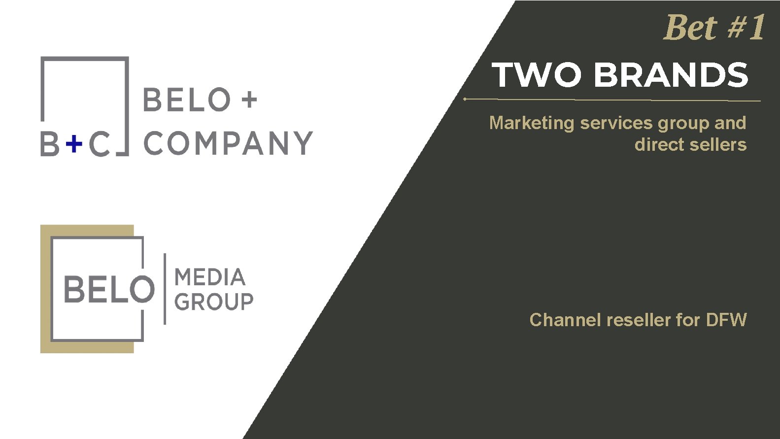 Bet #1 TWO BRANDS Marketing services group and direct sellers Channel reseller for DFW
