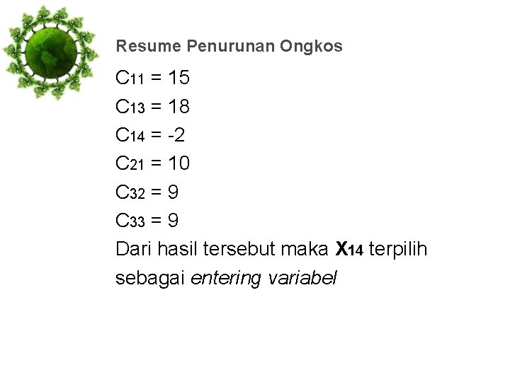 Resume Penurunan Ongkos C 11 = 15 C 13 = 18 C 14 =