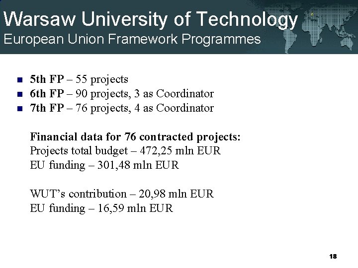 Warsaw University of Technology European Union Framework Programmes n n n 5 th FP