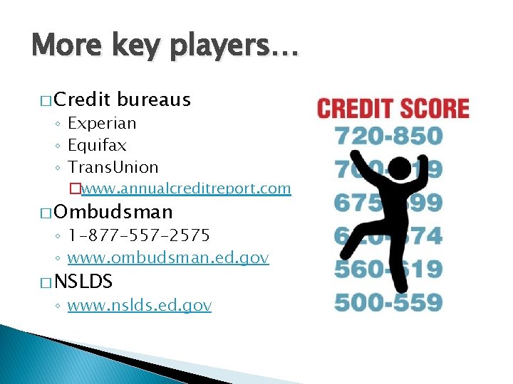 More key players… � Credit bureaus ◦ Experian ◦ Equifax ◦ Trans. Union �www.