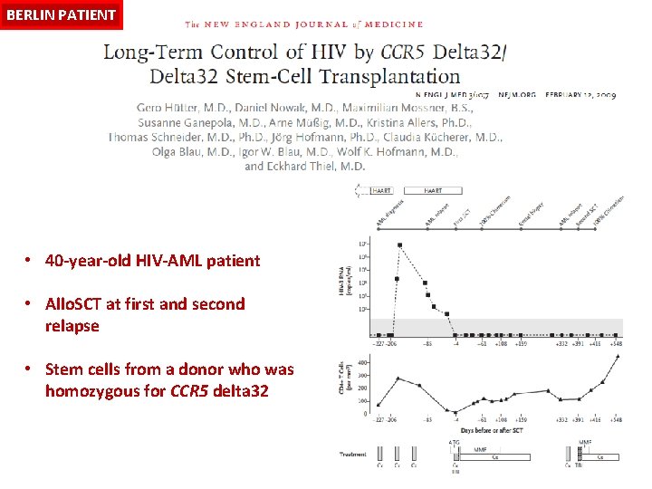 BERLIN PATIENT • 40 -year-old HIV-AML patient • Allo. SCT at first and second