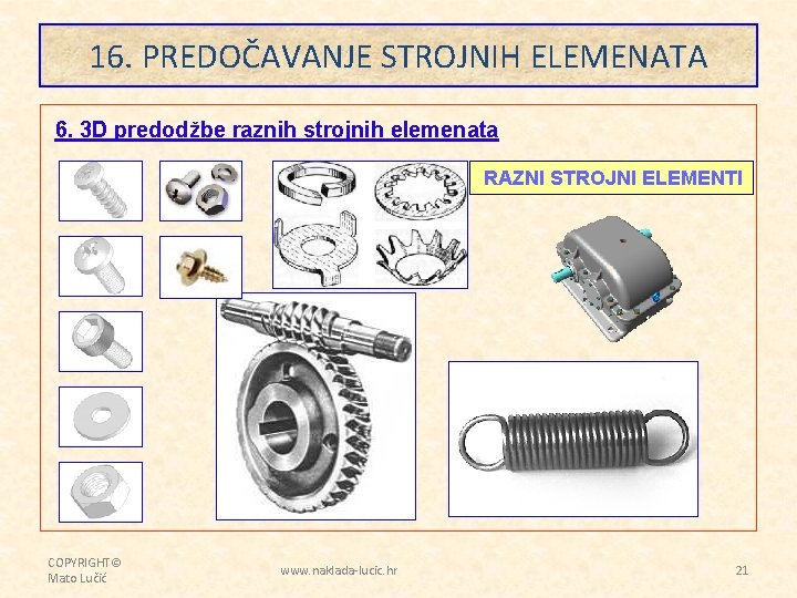 16. PREDOČAVANJE STROJNIH ELEMENATA 6. 3 D predodžbe raznih strojnih elemenata RAZNI STROJNI ELEMENTI