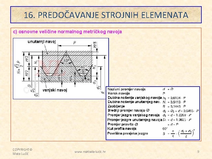 16. PREDOČAVANJE STROJNIH ELEMENATA c) osnovne veličine normalnog metričkog navoja COPYRIGHT© Mato Lučić www.