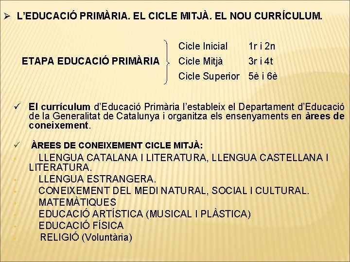 Ø L’EDUCACIÓ PRIMÀRIA. EL CICLE MITJÀ. EL NOU CURRÍCULUM. ETAPA EDUCACIÓ PRIMÀRIA Cicle Inicial