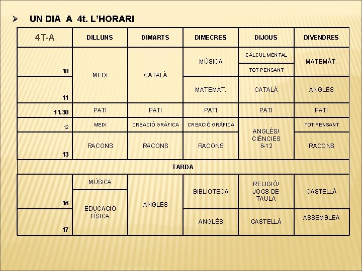 Ø UN DIA A 4 t. L’HORARI 4 T-A DILLUNS DIMARTS DIMECRES DIJOUS DIVENDRES