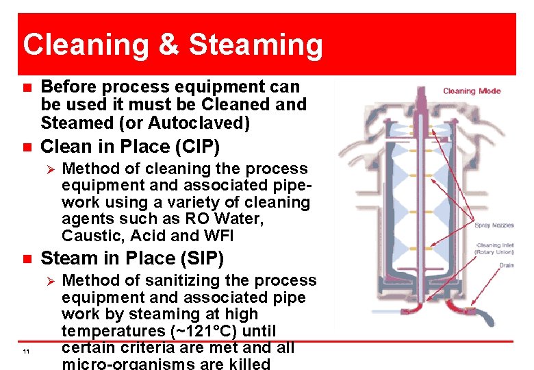 Cleaning & Steaming n Before process equipment can be used it must be Cleaned