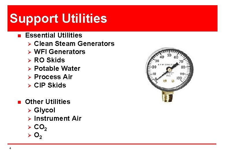 Support Utilities 4 n Essential Utilities Ø Clean Steam Generators Ø WFI Generators Ø