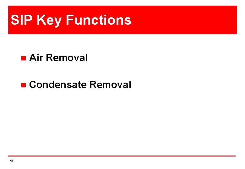 SIP Key Functions 68 n Air Removal n Condensate Removal 