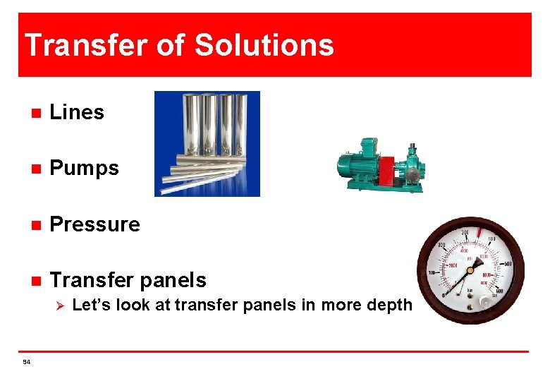 Transfer of Solutions n Lines n Pumps n Pressure n Transfer panels Ø 94