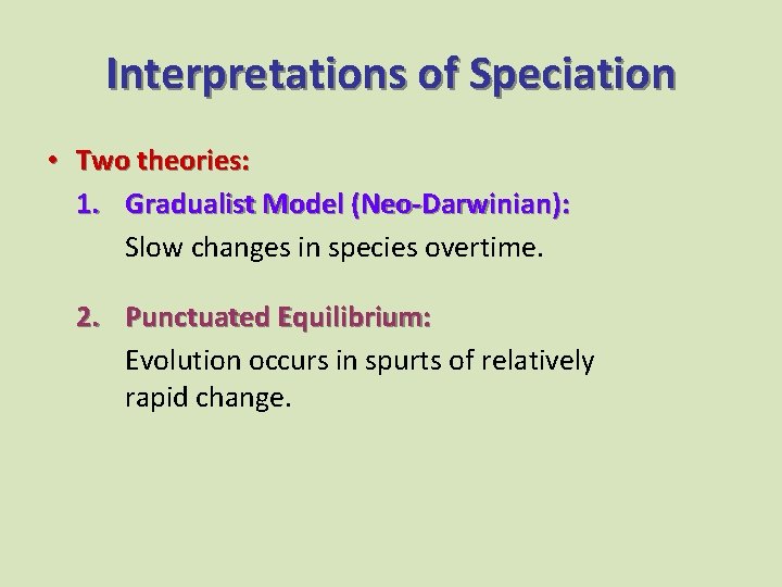 Interpretations of Speciation • Two theories: 1. Gradualist Model (Neo-Darwinian): Slow changes in species