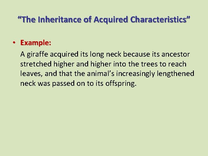 “The Inheritance of Acquired Characteristics” • Example: A giraffe acquired its long neck because