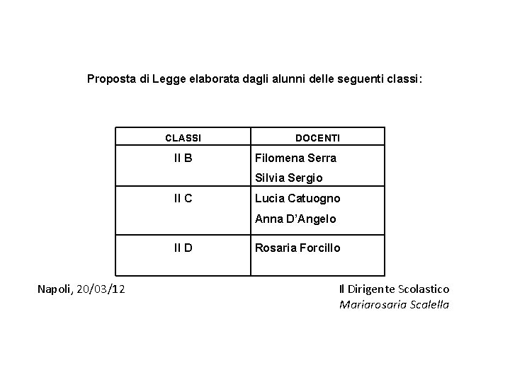 Proposta di Legge elaborata dagli alunni delle seguenti classi: CLASSI II B DOCENTI Filomena
