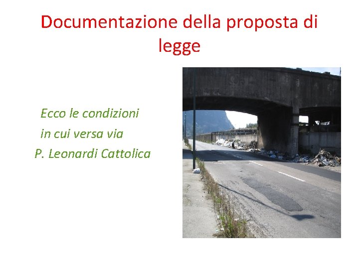 Documentazione della proposta di legge Ecco le condizioni in cui versa via P. Leonardi