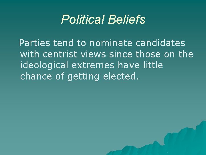 Political Beliefs Parties tend to nominate candidates with centrist views since those on the