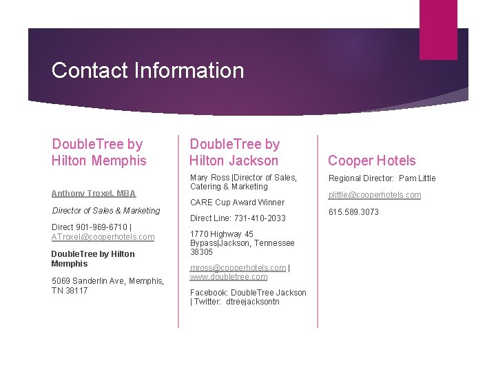 Contact Information Double. Tree by Hilton Memphis Anthony Troxel, MBA Director of Sales &