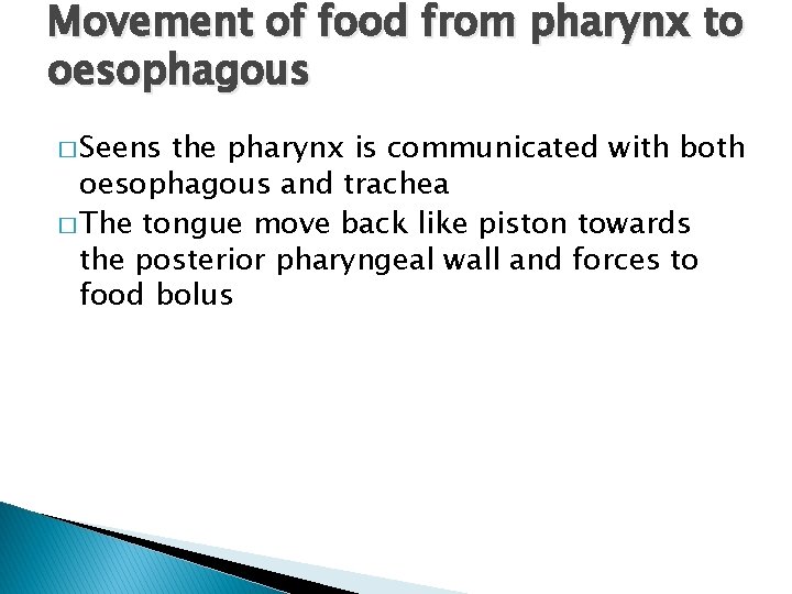 Movement of food from pharynx to oesophagous � Seens the pharynx is communicated with
