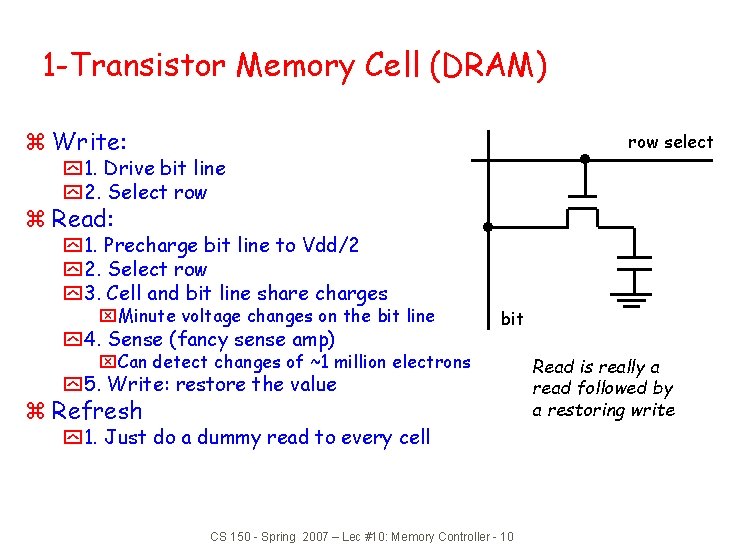 1 -Transistor Memory Cell (DRAM) z Write: row select y 1. Drive bit line