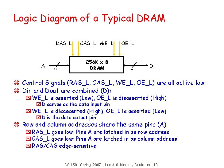 Logic Diagram of a Typical DRAM RAS_L A 9 CAS_L WE_L 256 K x