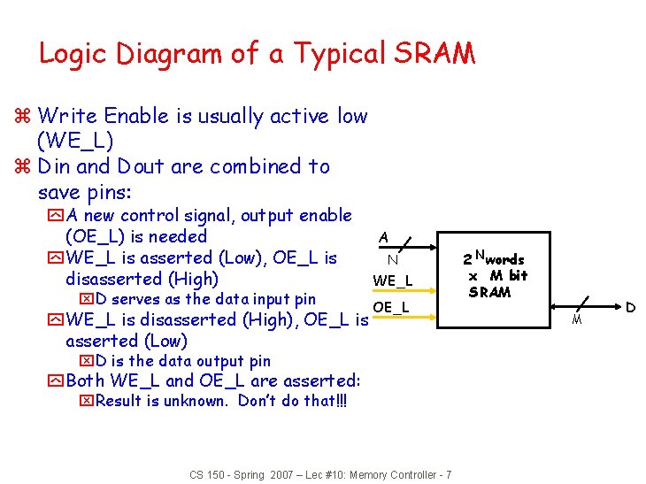 Logic Diagram of a Typical SRAM z Write Enable is usually active low (WE_L)