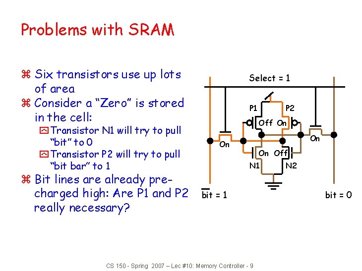 Problems with SRAM z Six transistors use up lots of area z Consider a
