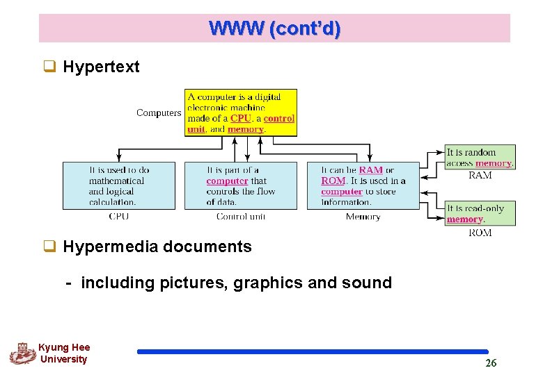 WWW (cont’d) q Hypertext q Hypermedia documents - including pictures, graphics and sound Kyung