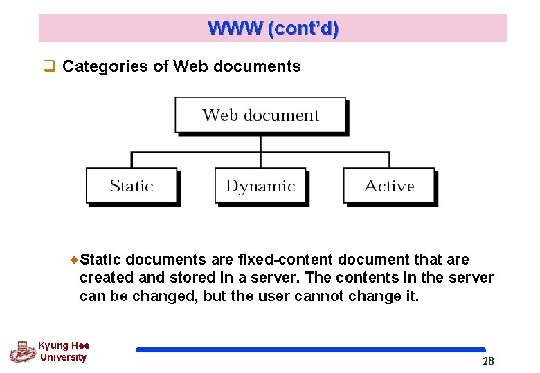 WWW (cont’d) q Categories of Web documents Static documents are fixed-content document that are