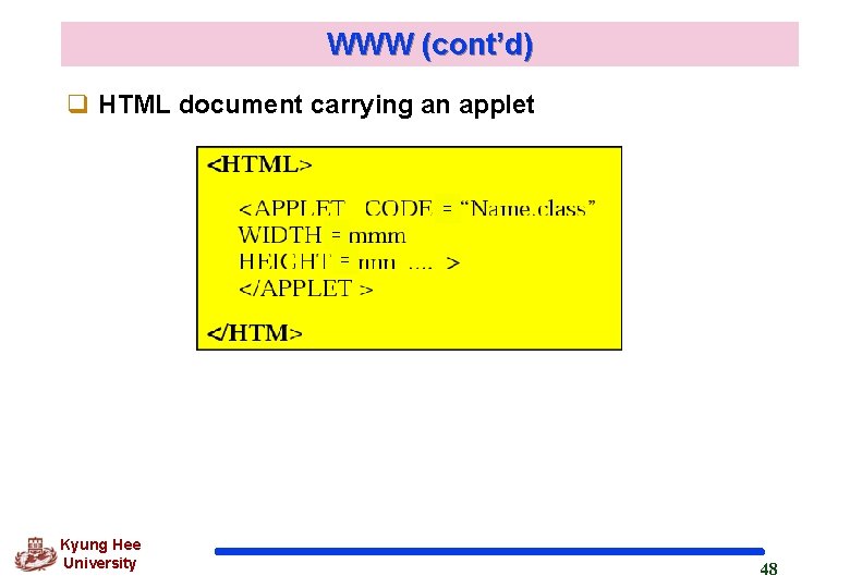 WWW (cont’d) q HTML document carrying an applet = = = Kyung Hee University