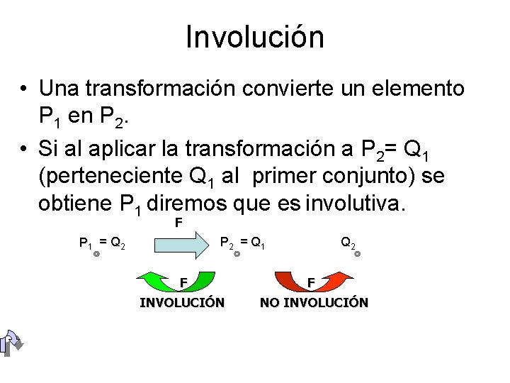 Involución • Una transformación convierte un elemento P 1 en P 2. • Si