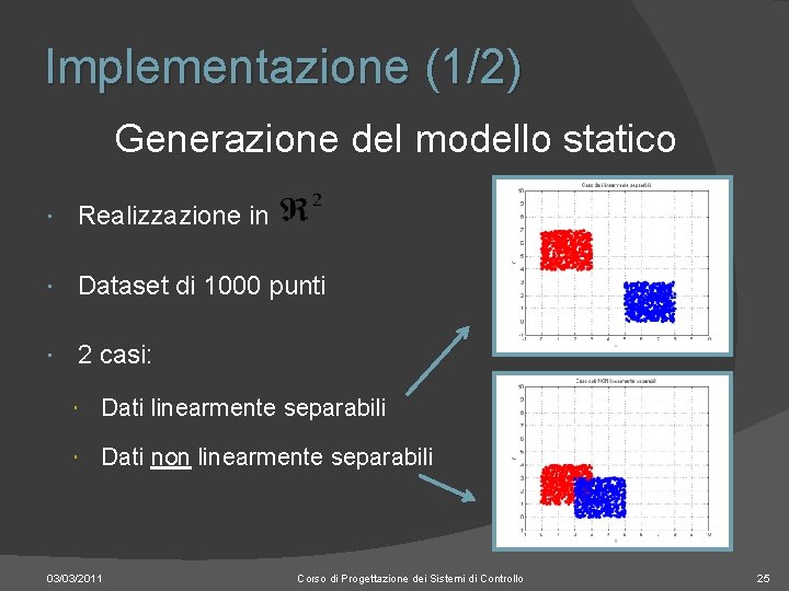 Implementazione (1/2) Generazione del modello statico Realizzazione in Dataset di 1000 punti 2 casi: