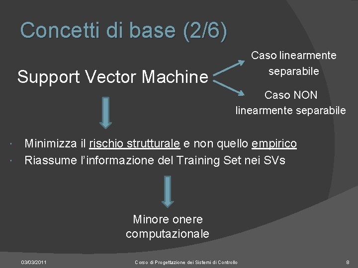 Concetti di base (2/6) Caso linearmente separabile Support Vector Machine Caso NON linearmente separabile