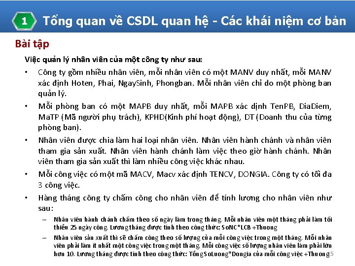 1 Tổng quan về CSDL quan hệ - Các khái niệm cơ bản Bài