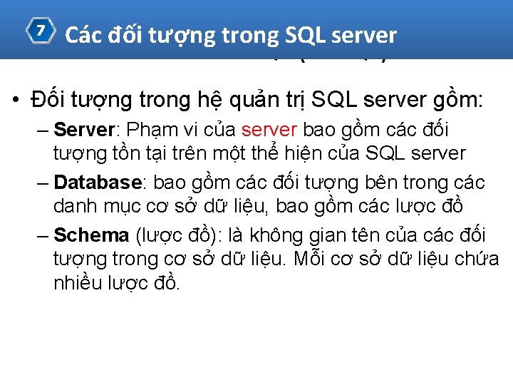 7 Các đối tượng trong SQL server Transact-SQL (T-SQL) • Đối tượng trong hệ