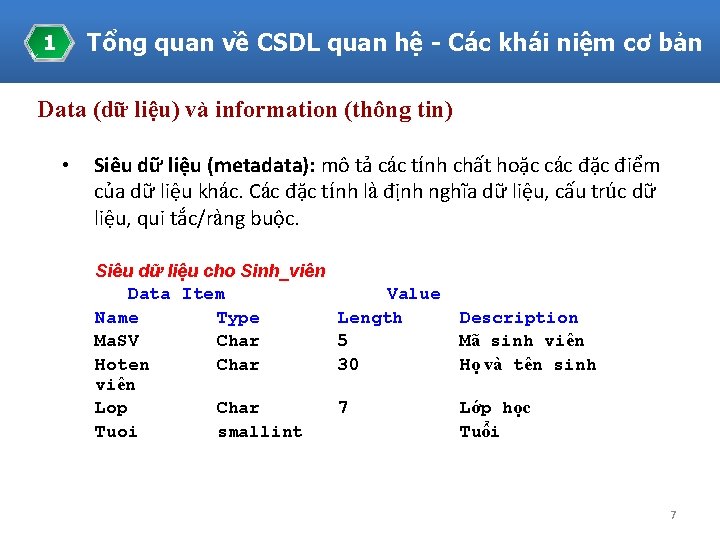 Tổng quan về CSDL quan hệ - Các khái niệm cơ bản 1 Data