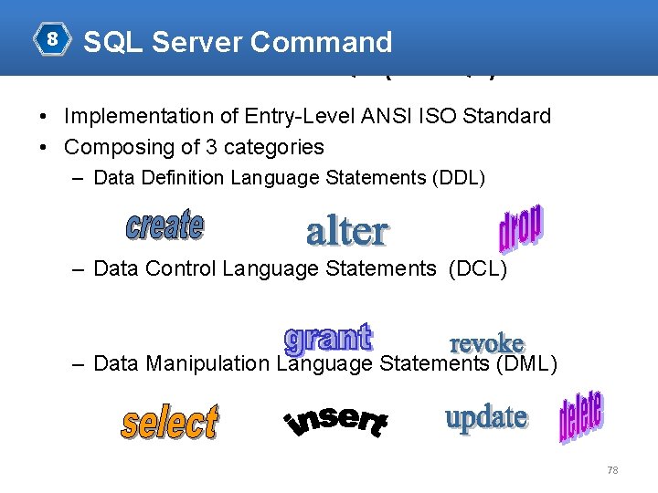 8 SQL Server Command Transact-SQL (T-SQL) • Implementation of Entry-Level ANSI ISO Standard •