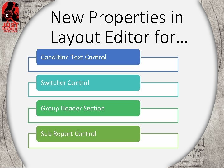 K New Properties in Layout Editor for… Condition Text Control Switcher Control Group Header