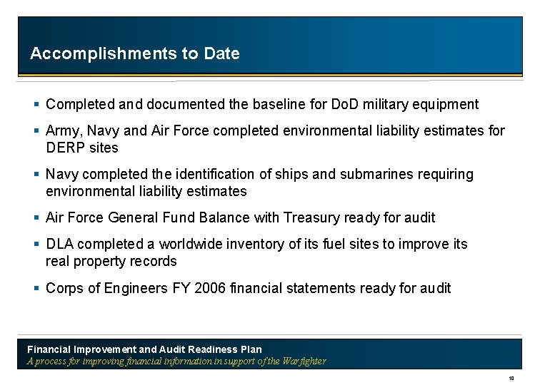 Accomplishments to Date § Completed and documented the baseline for Do. D military equipment