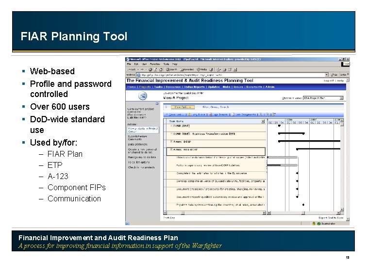 FIAR Planning Tool § Web-based § Profile and password controlled § Over 600 users