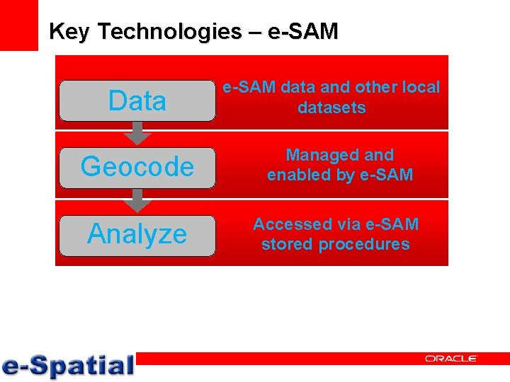 Key Technologies – e-SAM Data e-SAM data and other local datasets Geocode Managed and