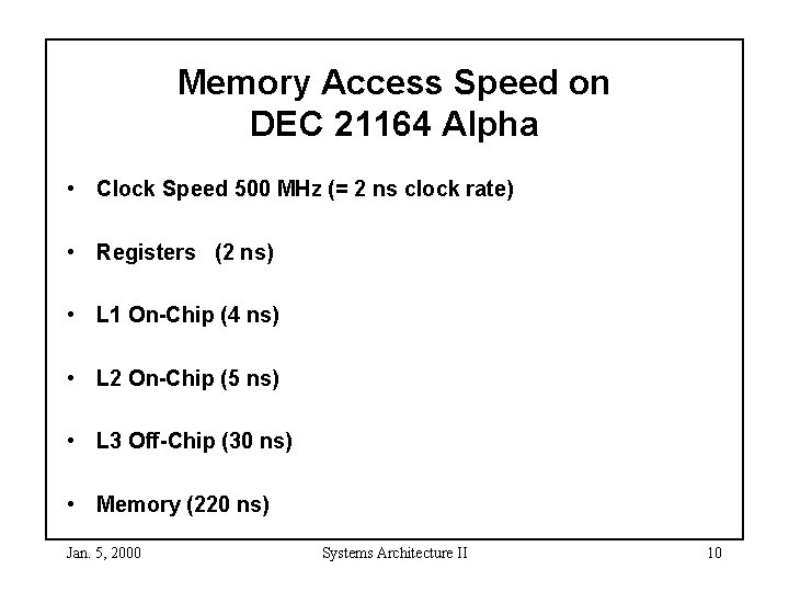 Memory Access Speed on DEC 21164 Alpha • Clock Speed 500 MHz (= 2