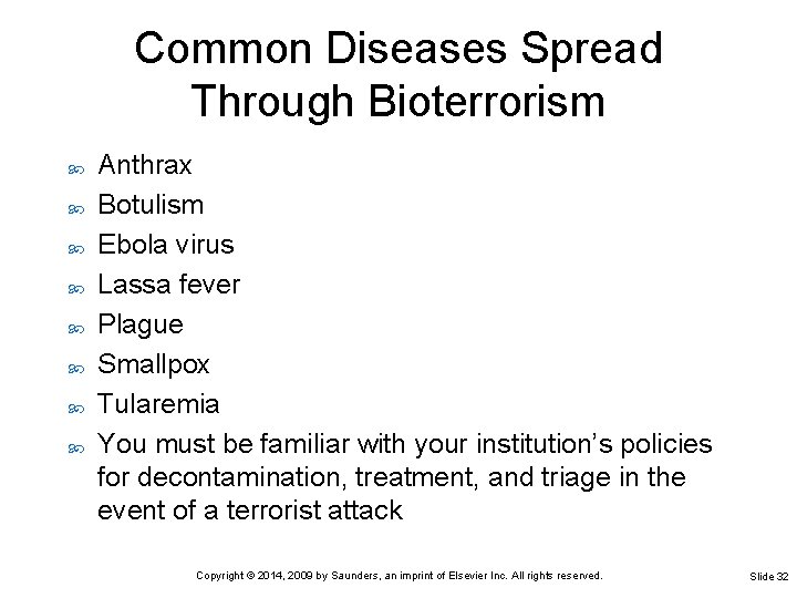 Common Diseases Spread Through Bioterrorism Anthrax Botulism Ebola virus Lassa fever Plague Smallpox Tularemia