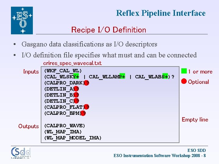 Reflex Pipeline Interface Recipe I/O Definition • Gasgano data classifications as I/O descriptors •