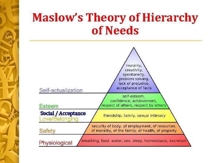 Maslow’s Theory of Hierarchy of Needs Social / Acceptance 