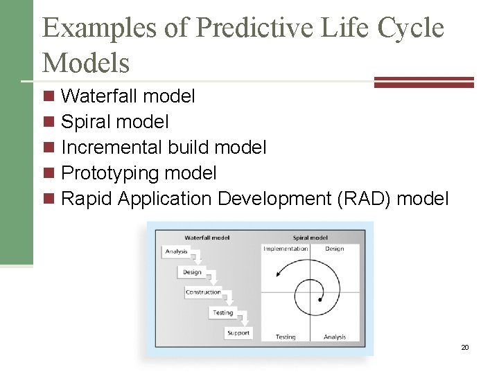 Examples of Predictive Life Cycle Models n n n Waterfall model Spiral model Incremental