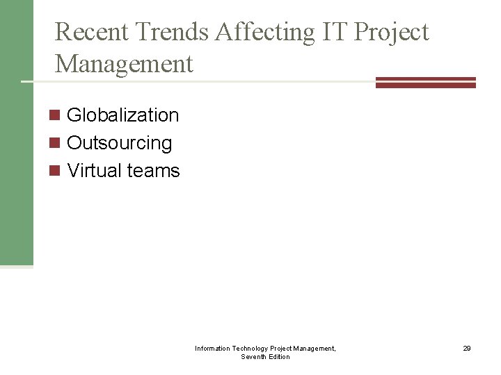 Recent Trends Affecting IT Project Management n Globalization n Outsourcing n Virtual teams Information