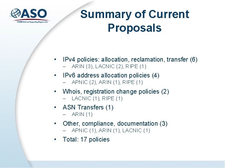 Summary of Current Proposals • IPv 4 policies: allocation, reclamation, transfer (6) – •